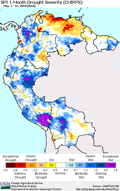 Northern South America SPI 1-Month Drought Severity (CHIRPS) Thematic Map For 5/1/2018 - 5/31/2018