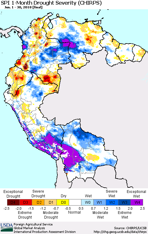 Northern South America SPI 1-Month Drought Severity (CHIRPS) Thematic Map For 6/1/2018 - 6/30/2018