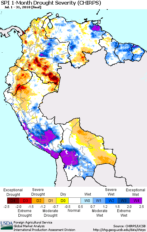 Northern South America SPI 1-Month Drought Severity (CHIRPS) Thematic Map For 7/1/2018 - 7/31/2018