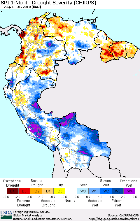 Northern South America SPI 1-Month Drought Severity (CHIRPS) Thematic Map For 8/1/2018 - 8/31/2018