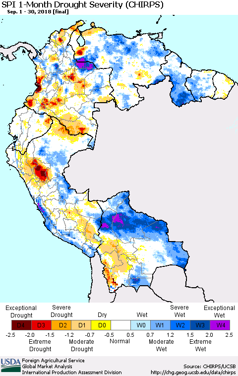 Northern South America SPI 1-Month Drought Severity (CHIRPS) Thematic Map For 9/1/2018 - 9/30/2018