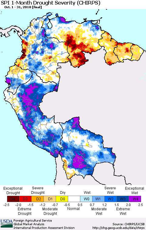 Northern South America SPI 1-Month Drought Severity (CHIRPS) Thematic Map For 10/1/2018 - 10/31/2018
