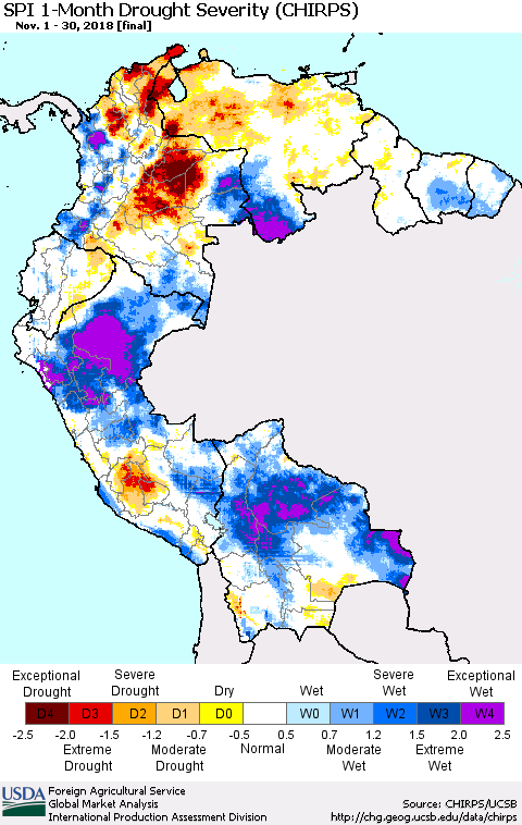 Northern South America SPI 1-Month Drought Severity (CHIRPS) Thematic Map For 11/1/2018 - 11/30/2018