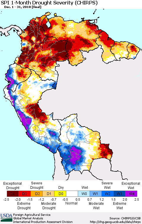 Northern South America SPI 1-Month Drought Severity (CHIRPS) Thematic Map For 12/1/2018 - 12/31/2018