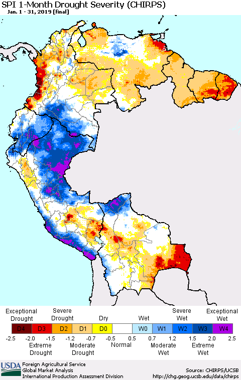 Northern South America SPI 1-Month Drought Severity (CHIRPS) Thematic Map For 1/1/2019 - 1/31/2019