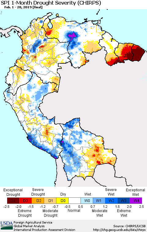 Northern South America SPI 1-Month Drought Severity (CHIRPS) Thematic Map For 2/1/2019 - 2/28/2019