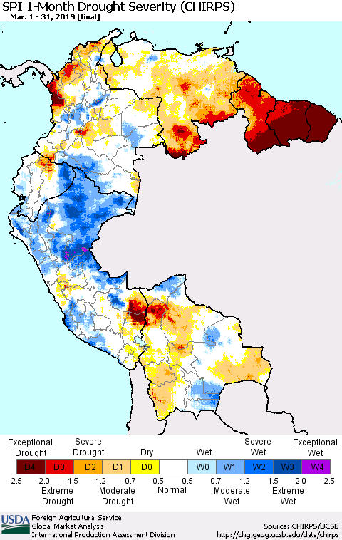 Northern South America SPI 1-Month Drought Severity (CHIRPS) Thematic Map For 3/1/2019 - 3/31/2019