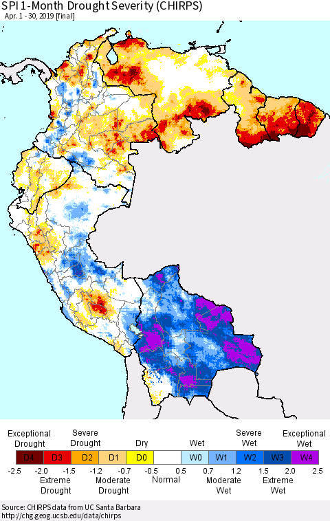 Northern South America SPI 1-Month Drought Severity (CHIRPS) Thematic Map For 4/1/2019 - 4/30/2019