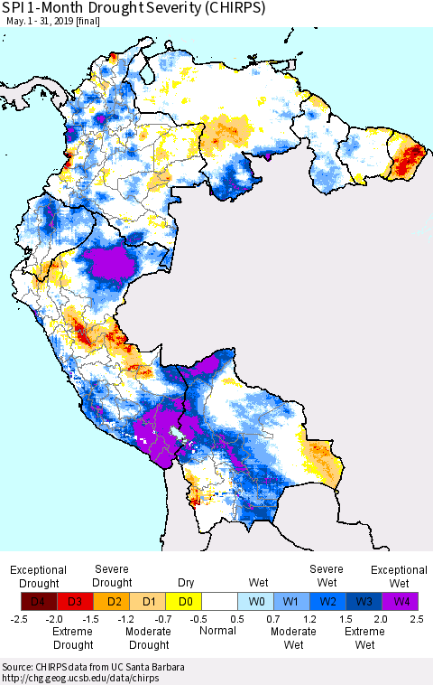 Northern South America SPI 1-Month Drought Severity (CHIRPS) Thematic Map For 5/1/2019 - 5/31/2019