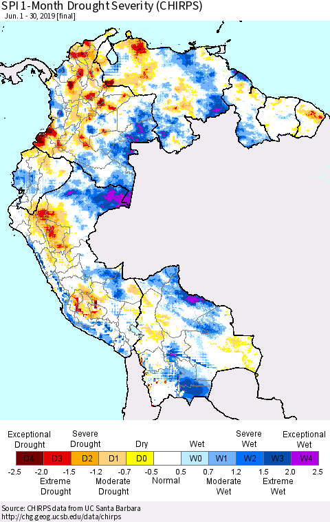 Northern South America SPI 1-Month Drought Severity (CHIRPS) Thematic Map For 6/1/2019 - 6/30/2019