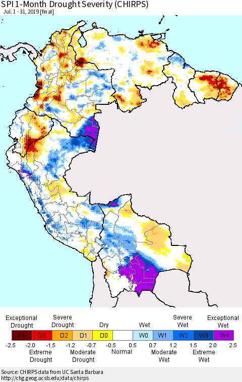 Northern South America SPI 1-Month Drought Severity (CHIRPS) Thematic Map For 7/1/2019 - 7/31/2019