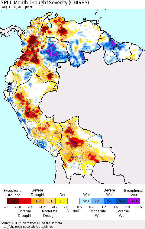 Northern South America SPI 1-Month Drought Severity (CHIRPS) Thematic Map For 8/1/2019 - 8/31/2019