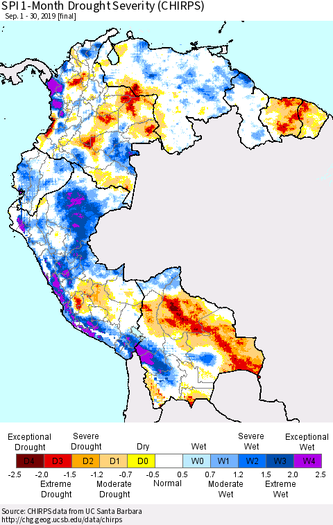Northern South America SPI 1-Month Drought Severity (CHIRPS) Thematic Map For 9/1/2019 - 9/30/2019