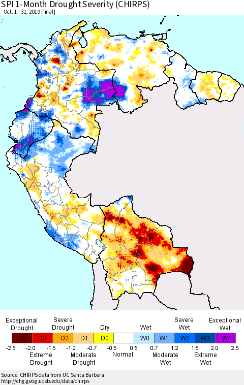 Northern South America SPI 1-Month Drought Severity (CHIRPS) Thematic Map For 10/1/2019 - 10/31/2019