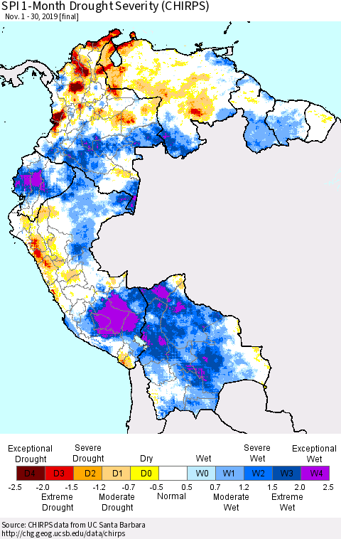 Northern South America SPI 1-Month Drought Severity (CHIRPS) Thematic Map For 11/1/2019 - 11/30/2019