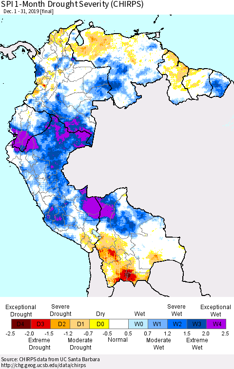 Northern South America SPI 1-Month Drought Severity (CHIRPS) Thematic Map For 12/1/2019 - 12/31/2019