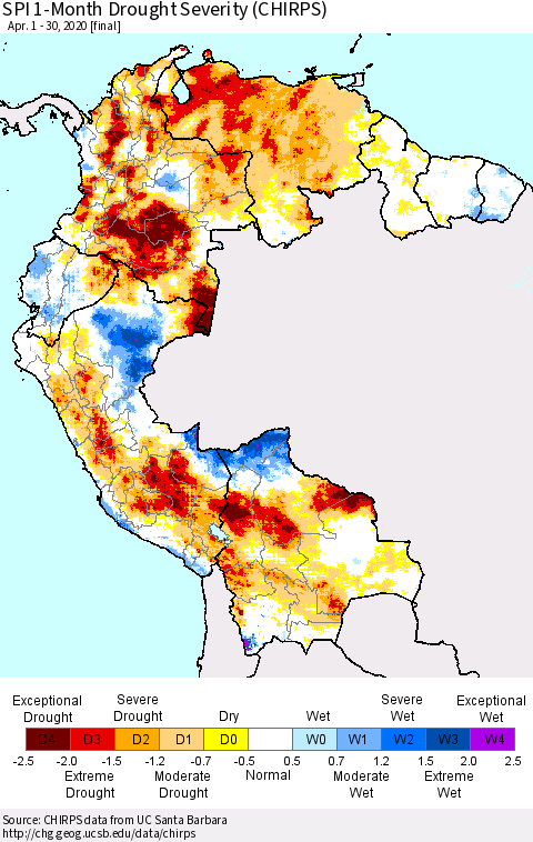 Northern South America SPI 1-Month Drought Severity (CHIRPS) Thematic Map For 4/1/2020 - 4/30/2020