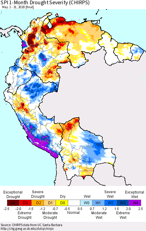 Northern South America SPI 1-Month Drought Severity (CHIRPS) Thematic Map For 5/1/2020 - 5/31/2020