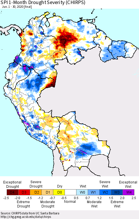 Northern South America SPI 1-Month Drought Severity (CHIRPS) Thematic Map For 6/1/2020 - 6/30/2020