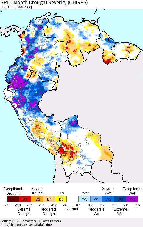 Northern South America SPI 1-Month Drought Severity (CHIRPS) Thematic Map For 7/1/2020 - 7/31/2020