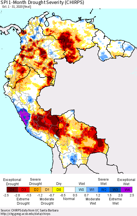 Northern South America SPI 1-Month Drought Severity (CHIRPS) Thematic Map For 10/1/2020 - 10/31/2020
