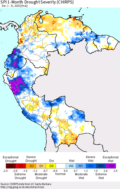 Northern South America SPI 1-Month Drought Severity (CHIRPS) Thematic Map For 12/1/2020 - 12/31/2020
