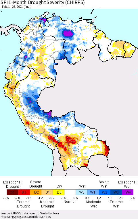 Northern South America SPI 1-Month Drought Severity (CHIRPS) Thematic Map For 2/1/2021 - 2/28/2021