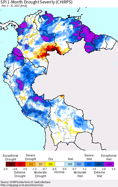 Northern South America SPI 1-Month Drought Severity (CHIRPS) Thematic Map For 3/1/2021 - 3/31/2021
