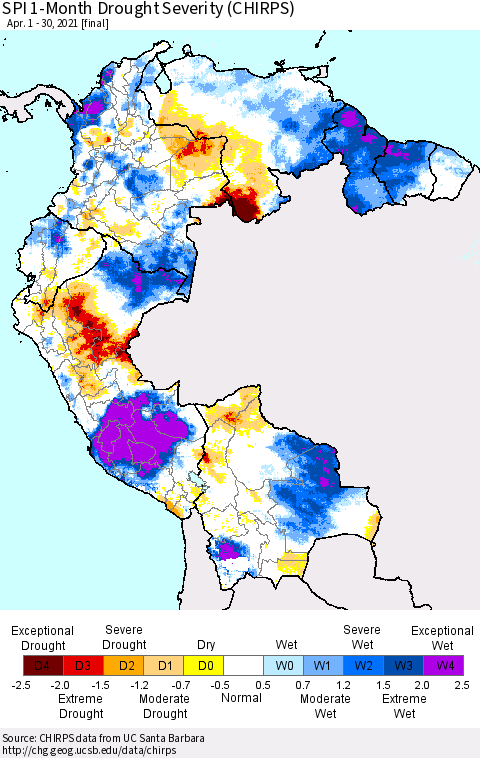 Northern South America SPI 1-Month Drought Severity (CHIRPS) Thematic Map For 4/1/2021 - 4/30/2021