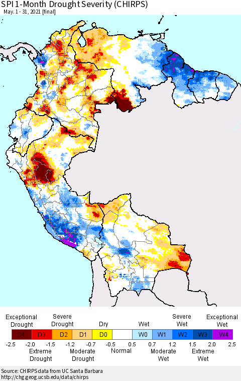Northern South America SPI 1-Month Drought Severity (CHIRPS) Thematic Map For 5/1/2021 - 5/31/2021