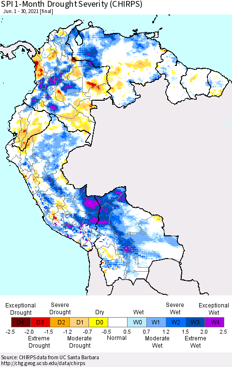 Northern South America SPI 1-Month Drought Severity (CHIRPS) Thematic Map For 6/1/2021 - 6/30/2021