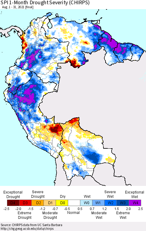 Northern South America SPI 1-Month Drought Severity (CHIRPS) Thematic Map For 8/1/2021 - 8/31/2021