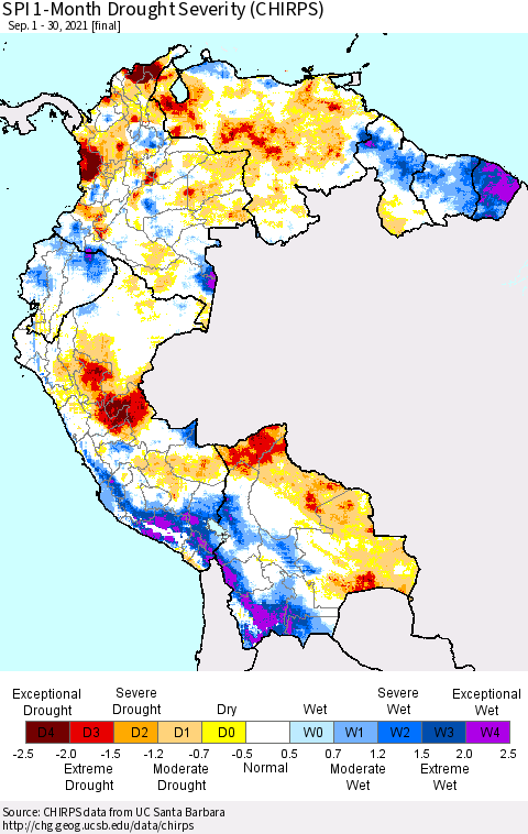 Northern South America SPI 1-Month Drought Severity (CHIRPS) Thematic Map For 9/1/2021 - 9/30/2021