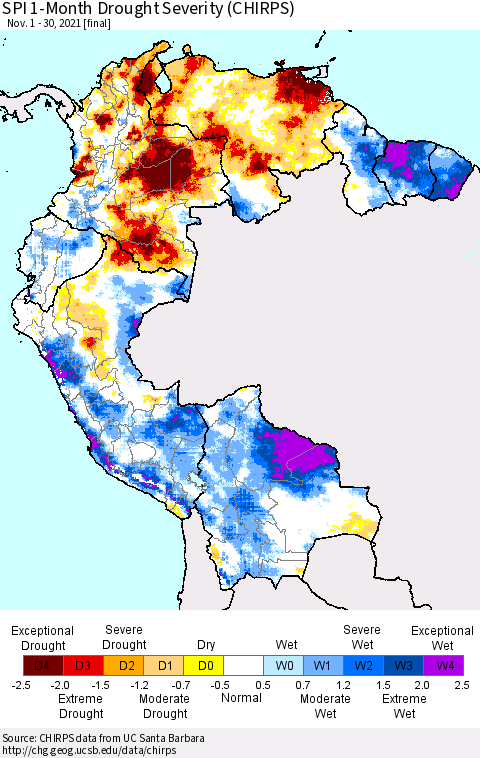 Northern South America SPI 1-Month Drought Severity (CHIRPS) Thematic Map For 11/1/2021 - 11/30/2021