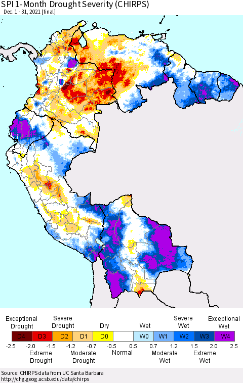 Northern South America SPI 1-Month Drought Severity (CHIRPS) Thematic Map For 12/1/2021 - 12/31/2021