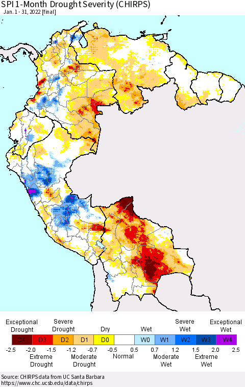 Northern South America SPI 1-Month Drought Severity (CHIRPS) Thematic Map For 1/1/2022 - 1/31/2022