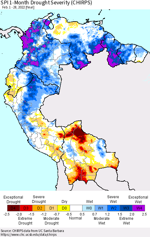 Northern South America SPI 1-Month Drought Severity (CHIRPS) Thematic Map For 2/1/2022 - 2/28/2022