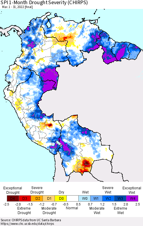 Northern South America SPI 1-Month Drought Severity (CHIRPS) Thematic Map For 3/1/2022 - 3/31/2022