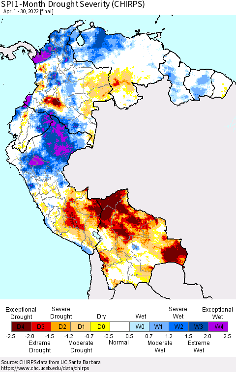 Northern South America SPI 1-Month Drought Severity (CHIRPS) Thematic Map For 4/1/2022 - 4/30/2022