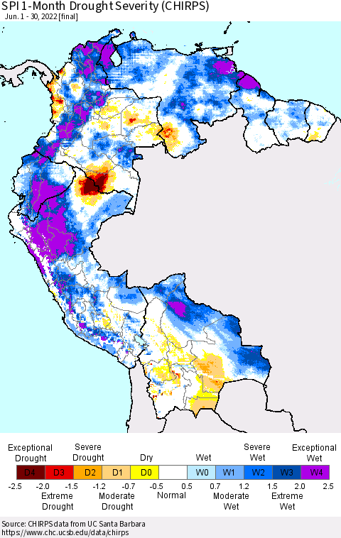 Northern South America SPI 1-Month Drought Severity (CHIRPS) Thematic Map For 6/1/2022 - 6/30/2022