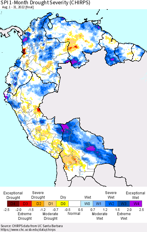 Northern South America SPI 1-Month Drought Severity (CHIRPS) Thematic Map For 8/1/2022 - 8/31/2022