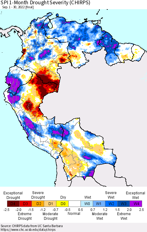 Northern South America SPI 1-Month Drought Severity (CHIRPS) Thematic Map For 9/1/2022 - 9/30/2022