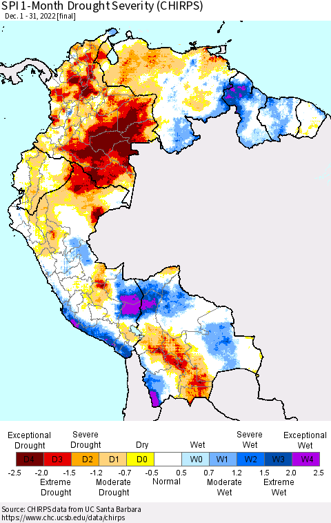 Northern South America SPI 1-Month Drought Severity (CHIRPS) Thematic Map For 12/1/2022 - 12/31/2022