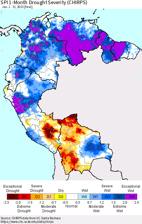Northern South America SPI 1-Month Drought Severity (CHIRPS) Thematic Map For 1/1/2023 - 1/31/2023