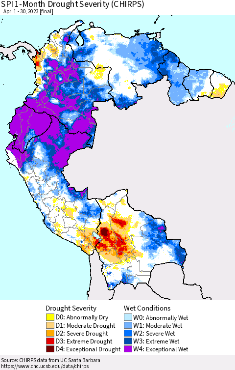 Northern South America SPI 1-Month Drought Severity (CHIRPS) Thematic Map For 4/1/2023 - 4/30/2023