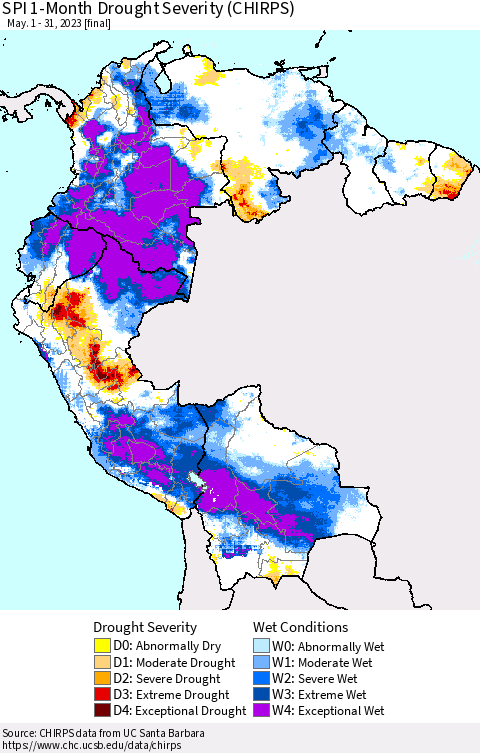 Northern South America SPI 1-Month Drought Severity (CHIRPS) Thematic Map For 5/1/2023 - 5/31/2023