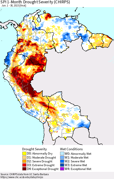 Northern South America SPI 1-Month Drought Severity (CHIRPS) Thematic Map For 6/1/2023 - 6/30/2023
