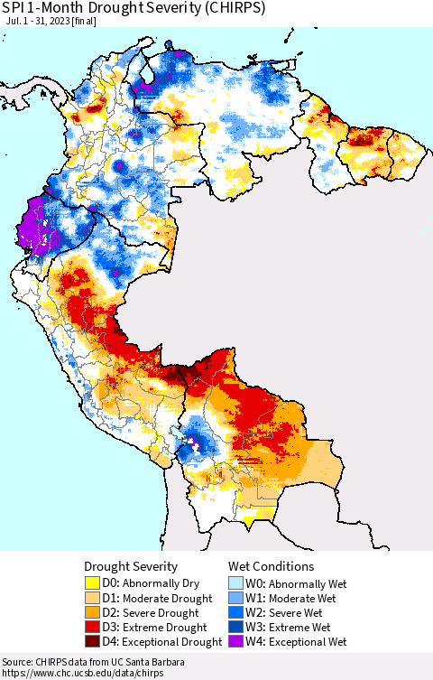 Northern South America SPI 1-Month Drought Severity (CHIRPS) Thematic Map For 7/1/2023 - 7/31/2023
