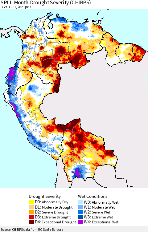 Northern South America SPI 1-Month Drought Severity (CHIRPS) Thematic Map For 10/1/2023 - 10/31/2023