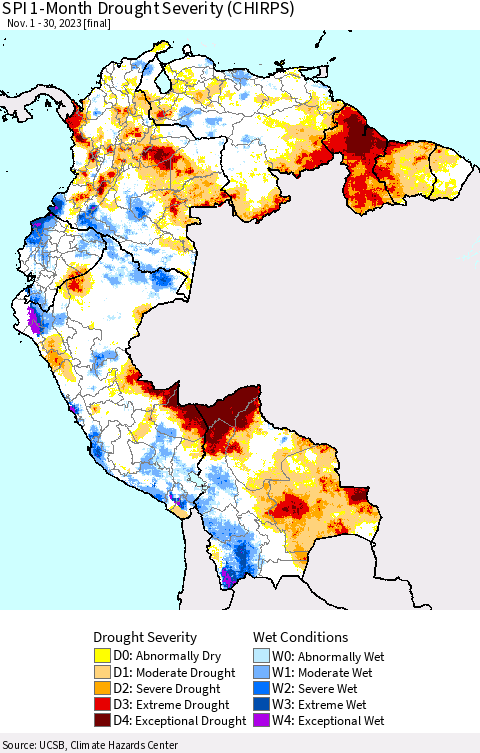 Northern South America SPI 1-Month Drought Severity (CHIRPS) Thematic Map For 11/1/2023 - 11/30/2023
